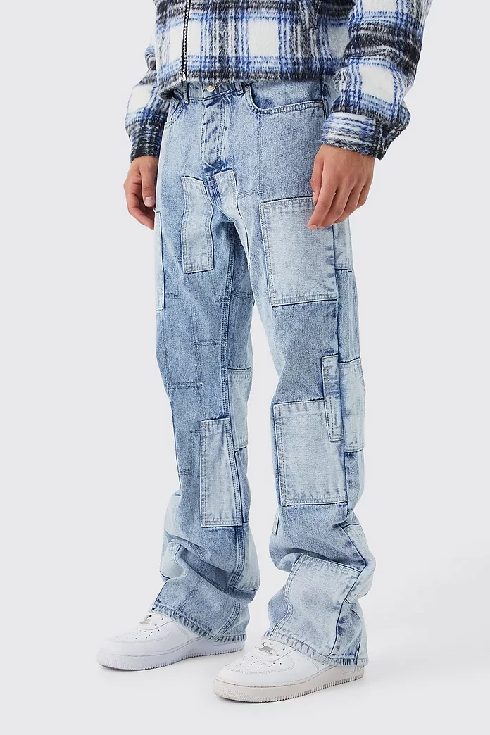 Relaxed Rigid Flare Patchwork Jeans | boohooMAN USA Relaxed Rigid Flare Patchwork Jeans | boohooMAN USA
